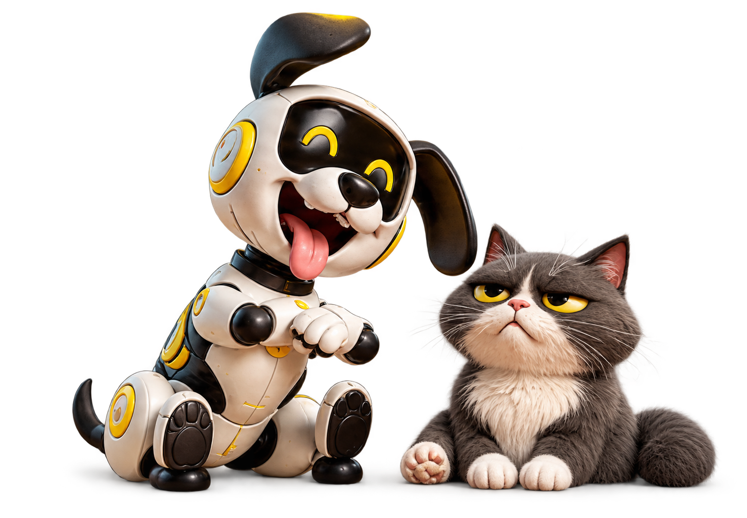An unlikely friendship between a robot dog and a grumpy cat.